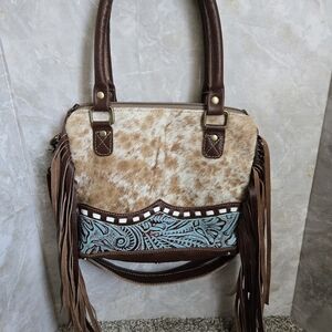 Myra Bag Brown and Cream Shoulder Bag with Fringe